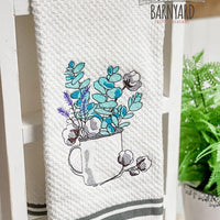 A Cup Full Lavender, Eucalyptus, and Cotton Stems Embroidered Tea Towel