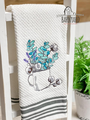 A Cup Full Lavender, Eucalyptus, and Cotton Stems Embroidered Tea Towel