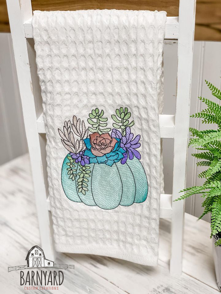 Beautiful Potted Pumpkin Succulent Plants Embroidered Tea Towel