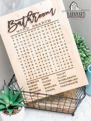 Bathroom Word Search Wood Sign